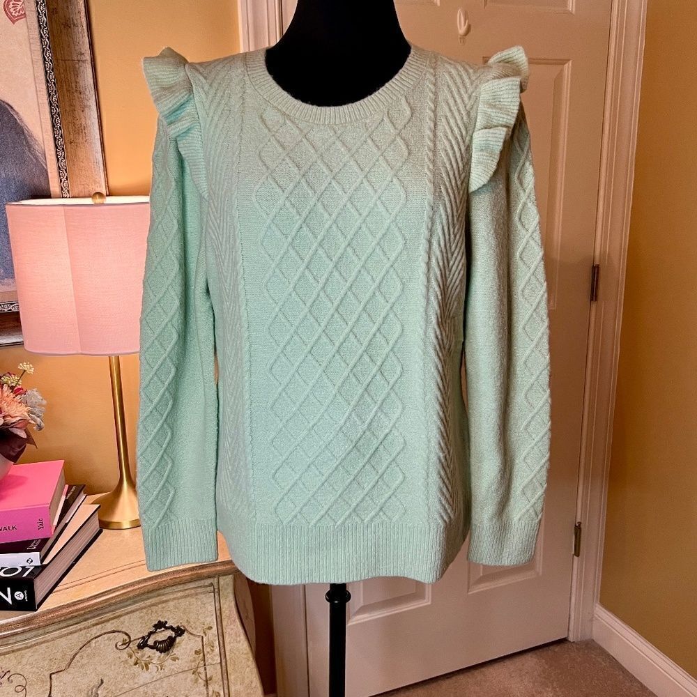 NWT Talbots Cable Knit Crew Neck Ruffle Shoulder Sweater Frosty Green Size LARGE
